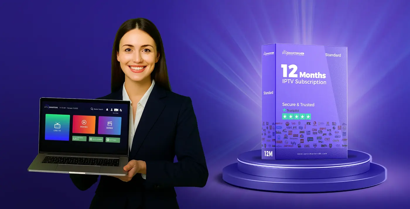 Best IPTV Subscription 12 Months – IPTV Smarters 8K Premium Box with Woman Showing IPTV App 4K