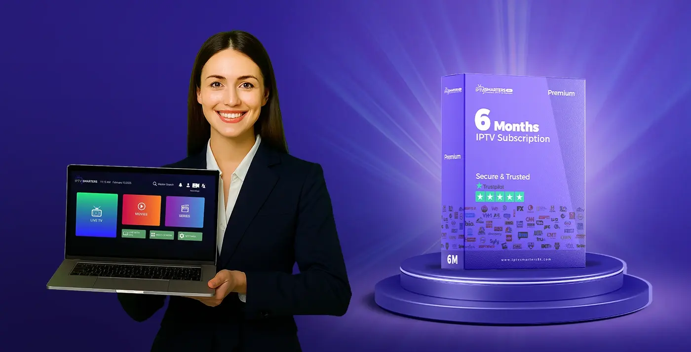 Best IPTV Subscription 12 Months – IPTV Smarters 8K Premium Box with Woman Showing IPTV App 4K